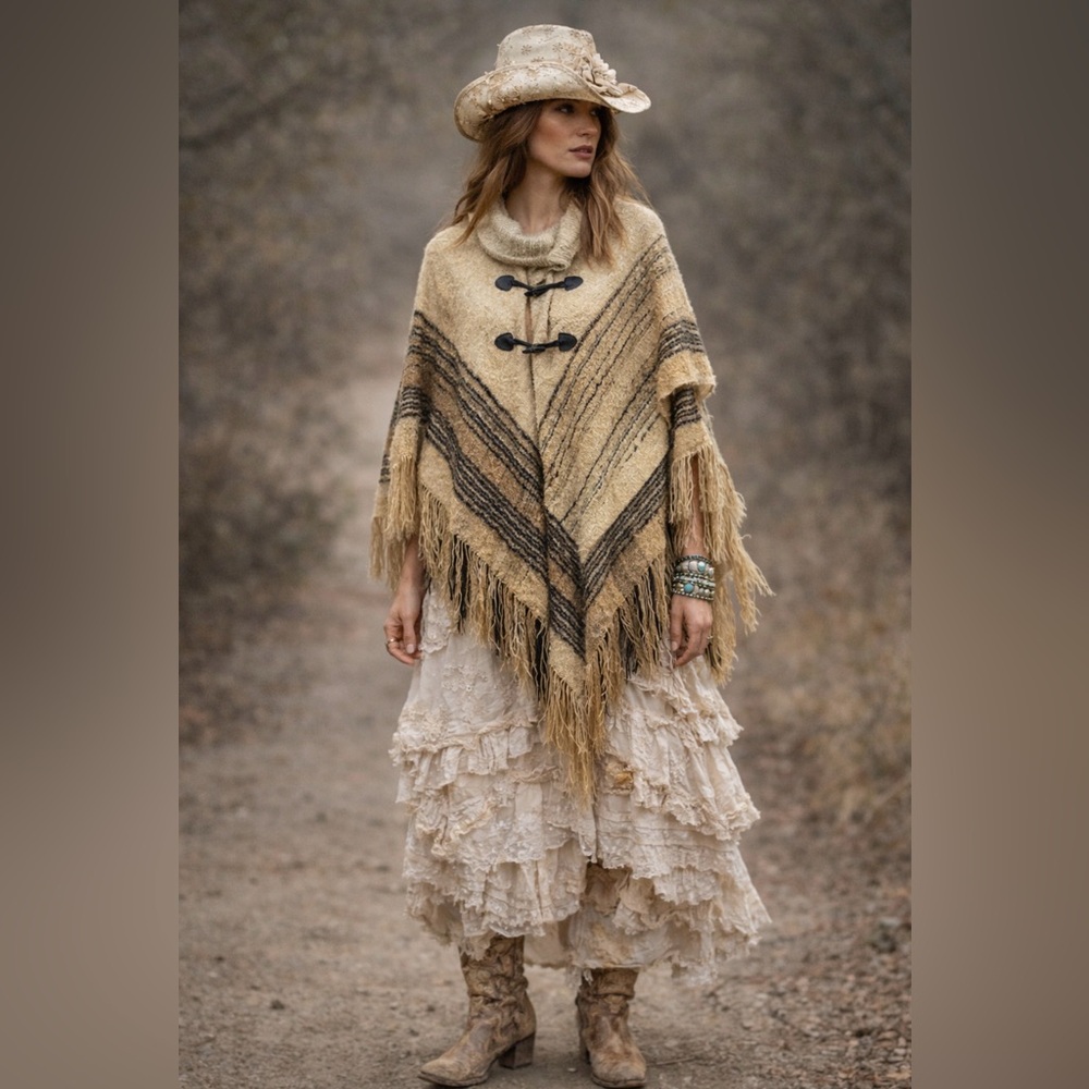 New Directions Vintage Boho Fringed Cowl Neck Poncho ~ Southwestern Knit ~ OS